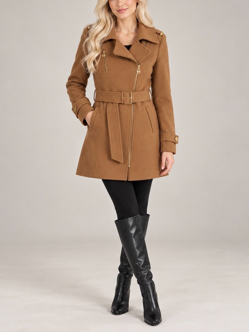 Michael Kors Camel Wool Blend Belted Moto Trench Coat Size 6